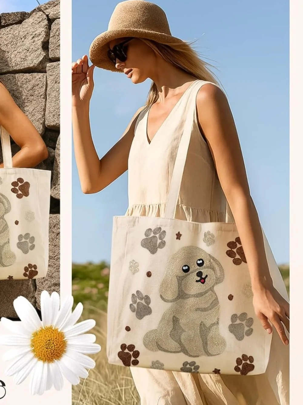 Dog  canvas cotton Hand embroidered tote NIP animal tote